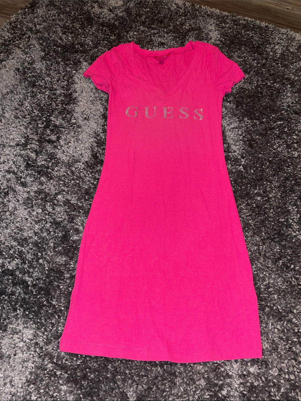 Guess Hot Pink Short Sleeve Midi Dress With Embellished Logo